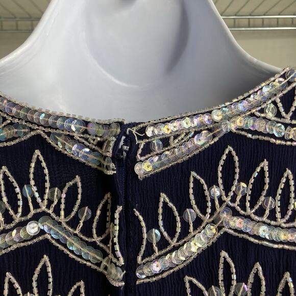 Vintage Frank Usher Women's‎ Navy Silver Details Silk Beaded Top Size S Dressy - Picture 11 of 12